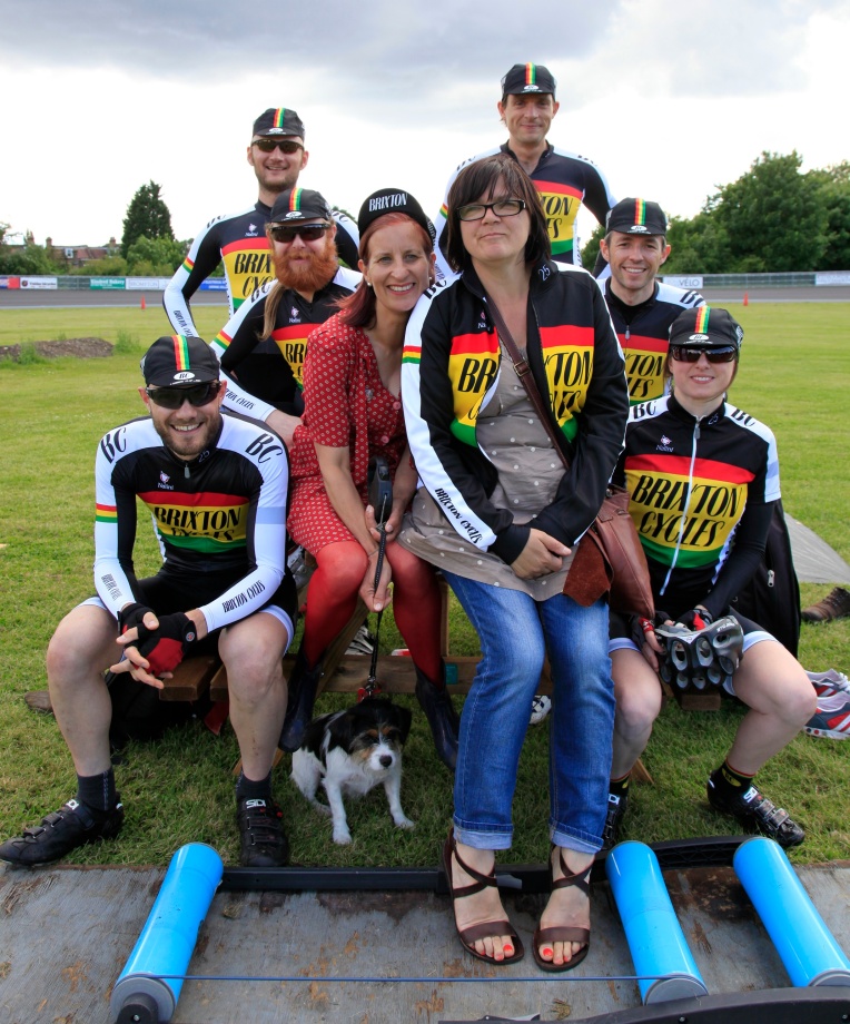 the Brixton Cycles Club team together with Super mad organiser Judith Bonner, Jane and Kitty the super dog