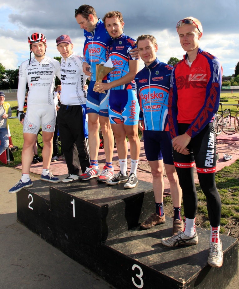 18.45, 24 June 2012: winners of the 42-lap BCC super madison, including Simon Lewis seen holding the unique super mad trophy created by Rob Jefferies